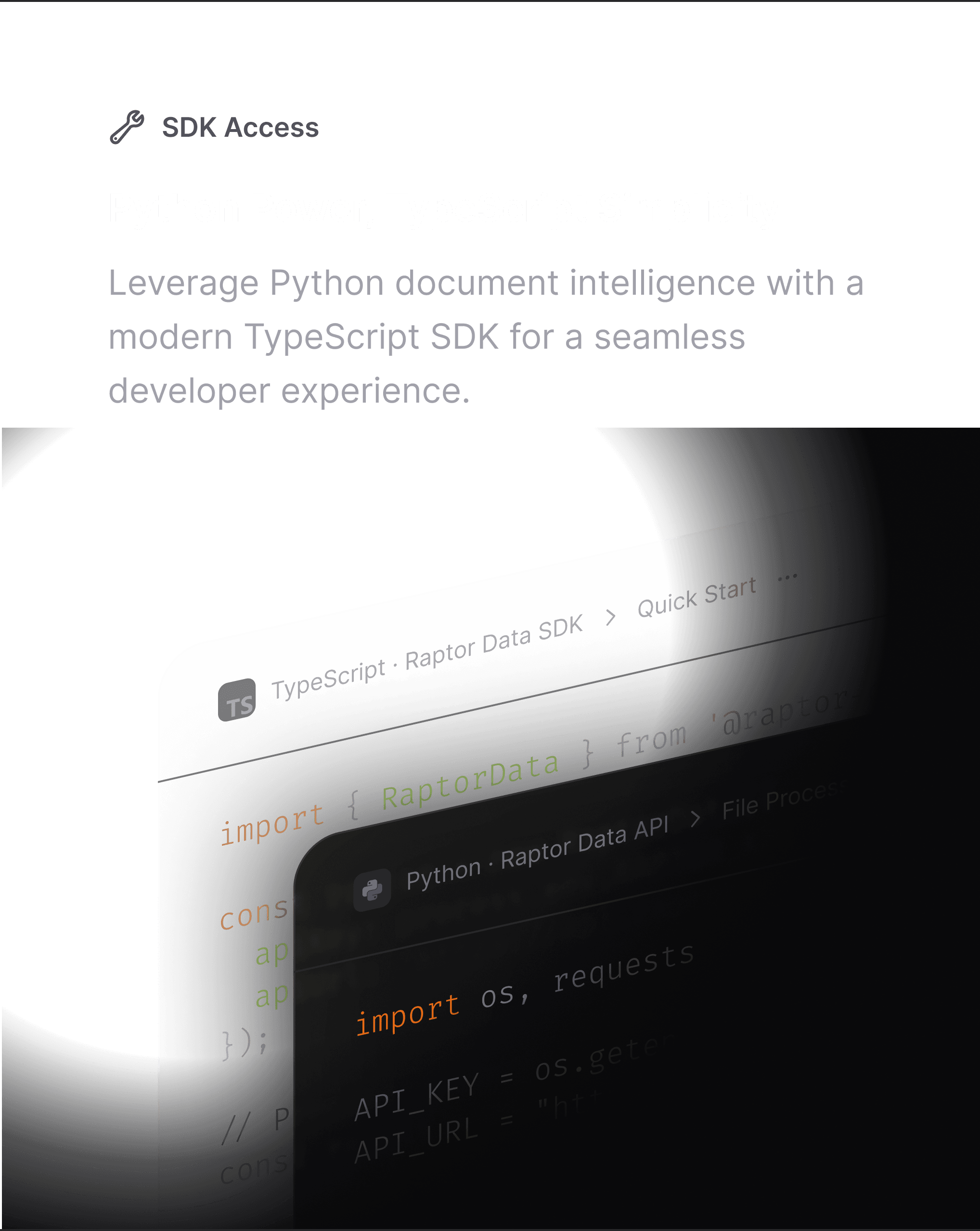 Dual Python and TypeScript SDK panels demonstrating identical processing flows