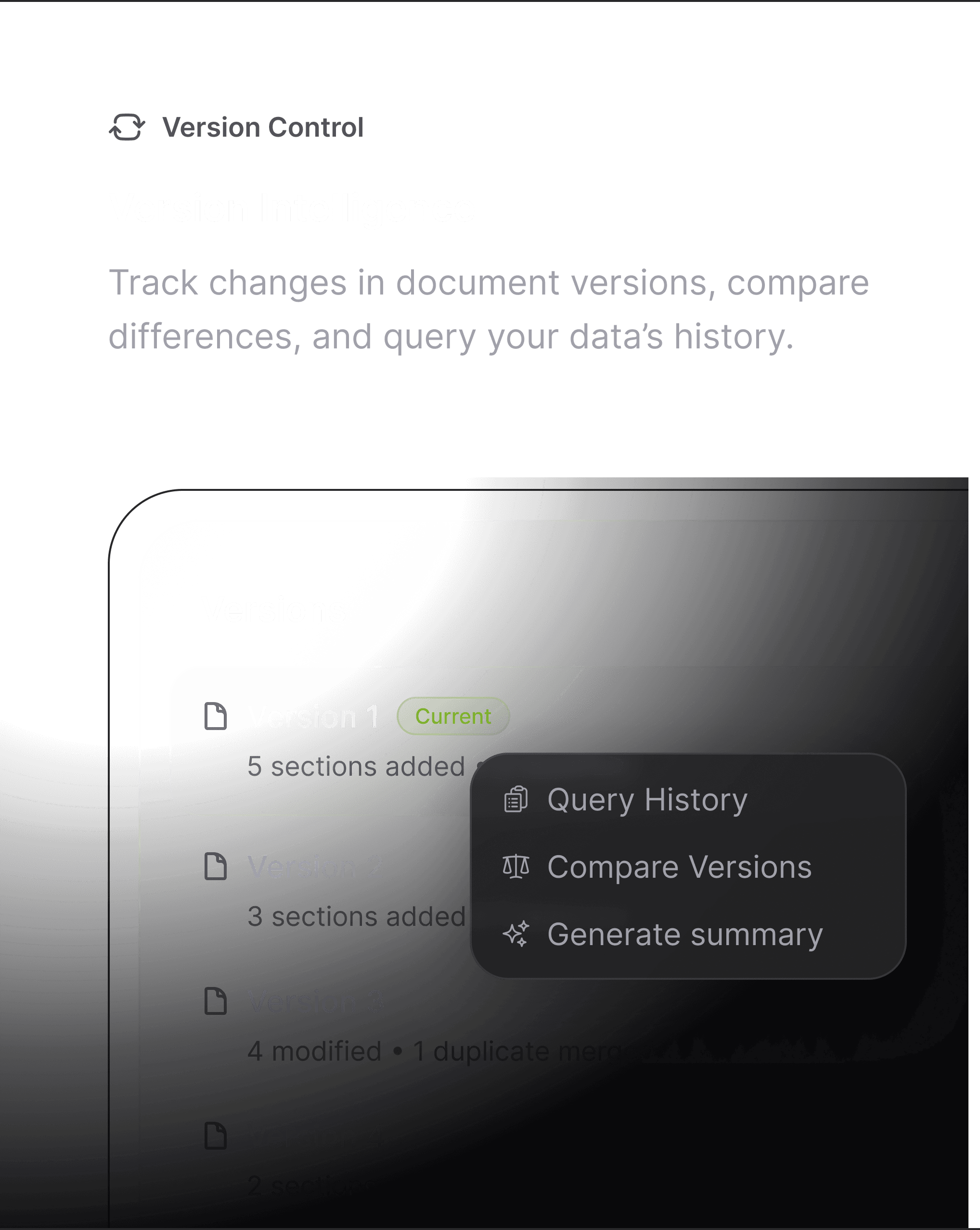 Version Intelligence UI showing document versions and comparison actions